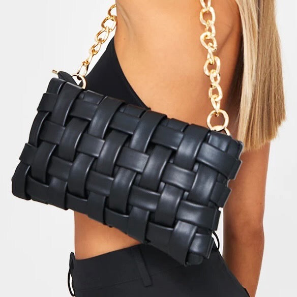 Black Woven Bag with Gold Chain