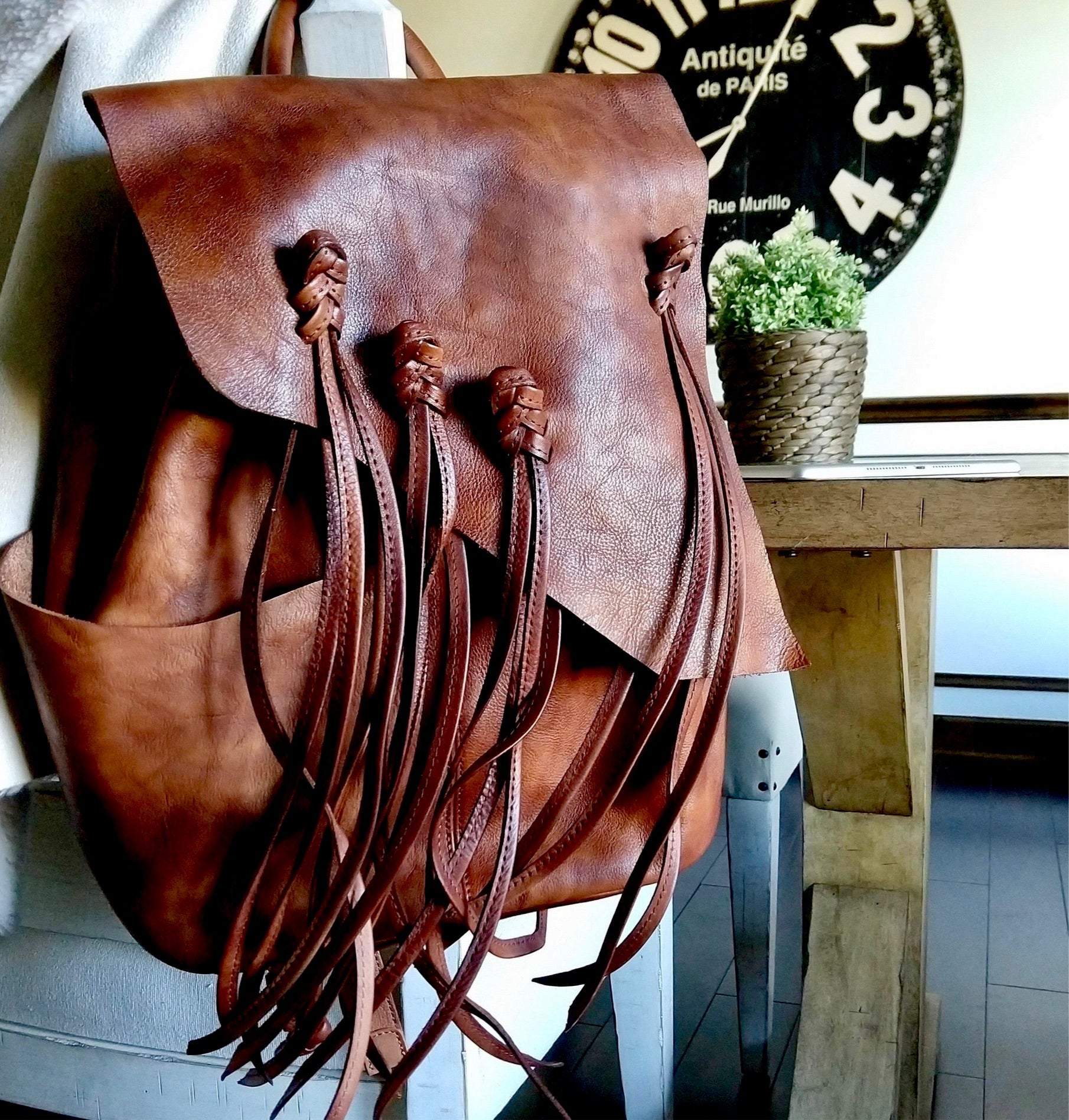 cognac leather backpack womens with stripe Marianna Brown Genuine Leather Backpack – maluniers