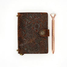 Load image into Gallery viewer, Leather Journal, Rose Gold Pen &amp; Flower Bag