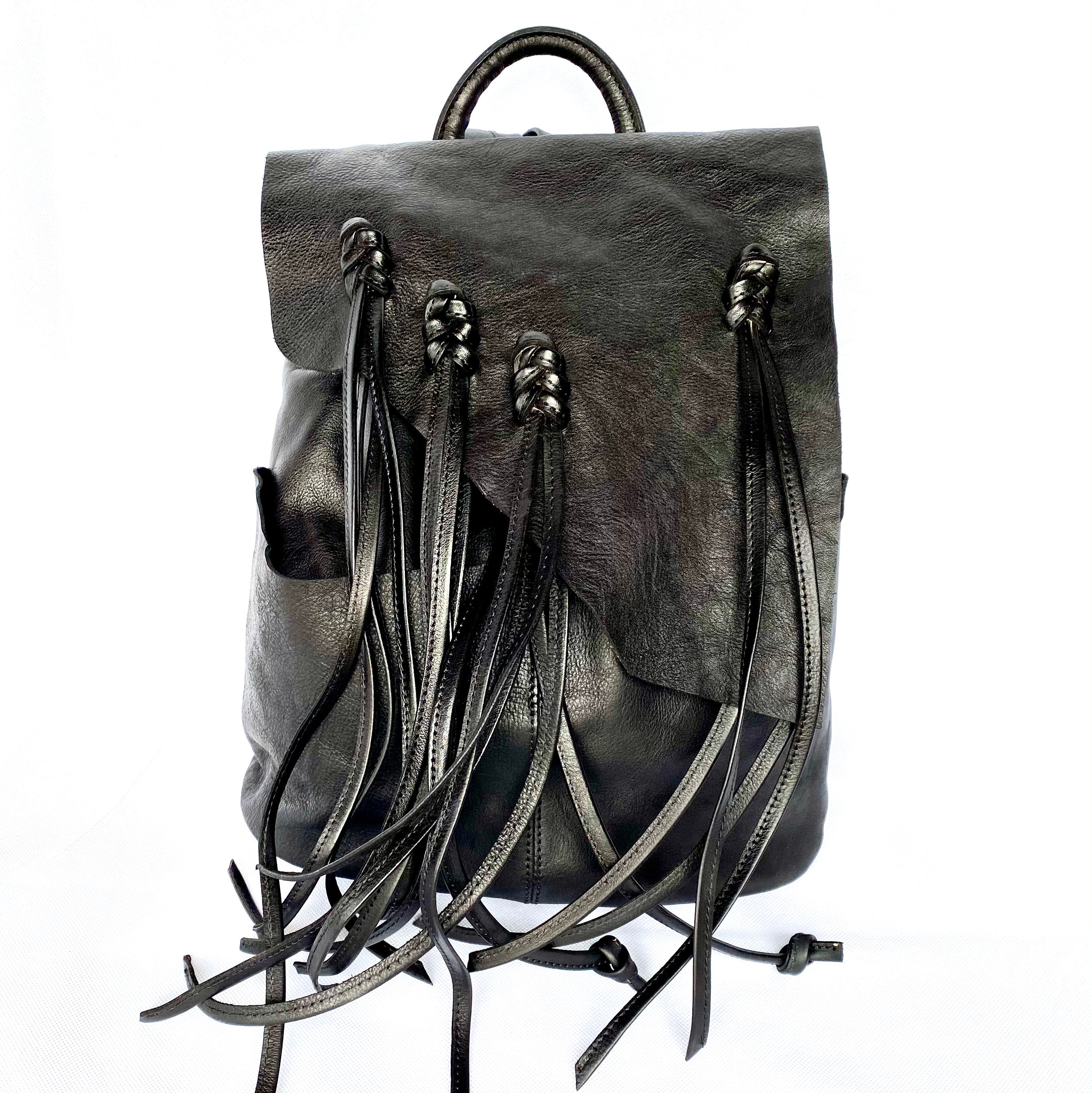 black leather fringe backpack Marianna Black Genuine Leather Backpack – maluniers