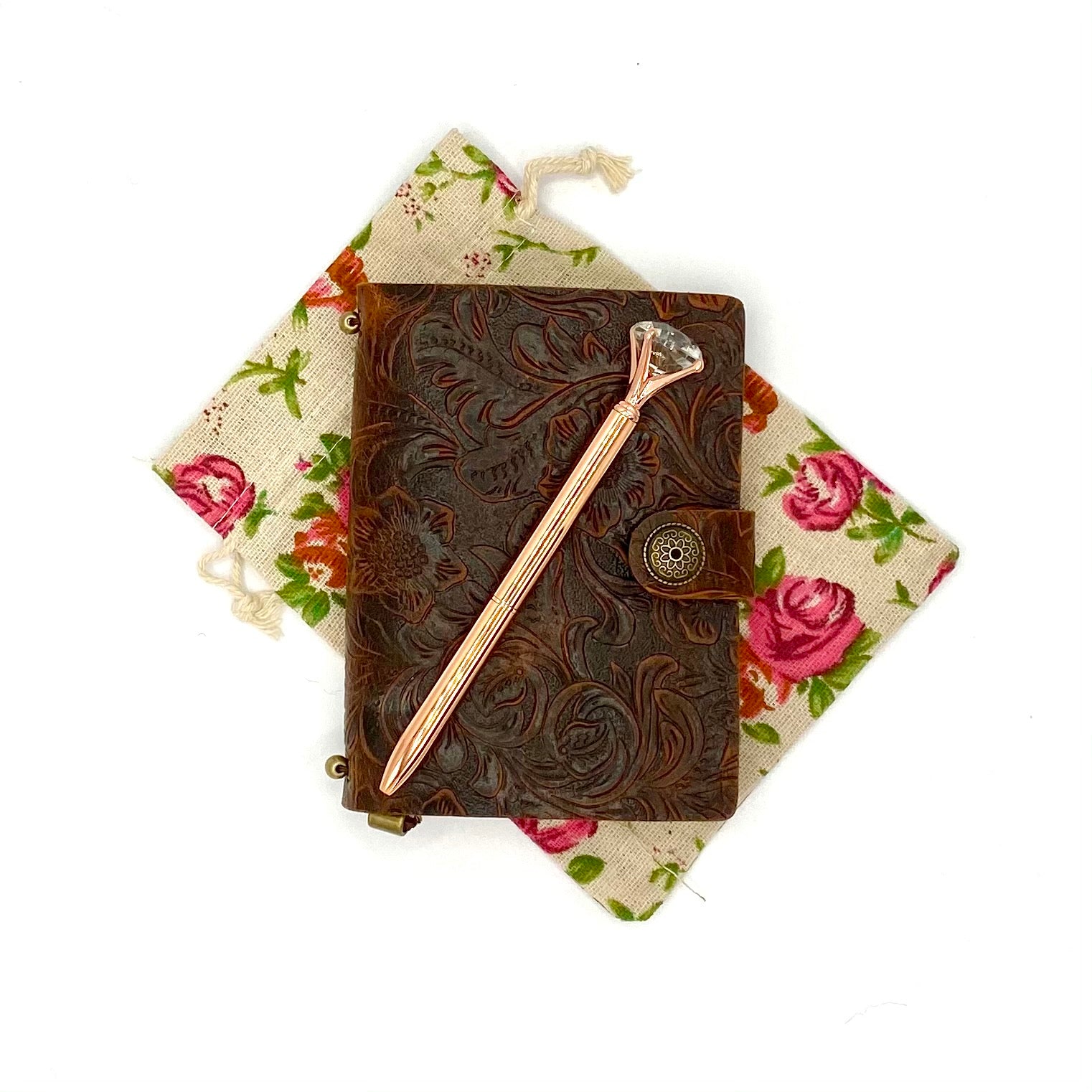 Leather Journal, Rose Gold Pen & Flower Bag