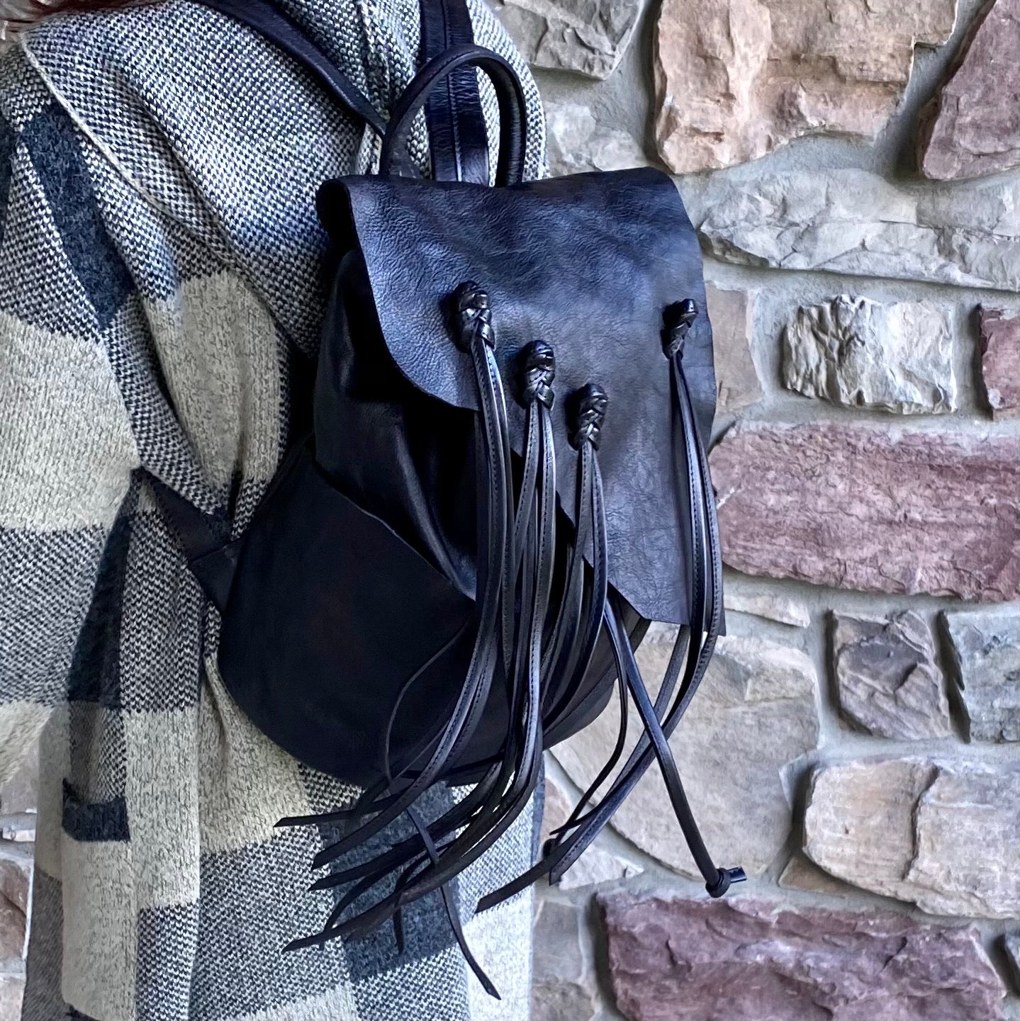 black leather fringe backpack Marianna Black Genuine Leather Backpack – maluniers